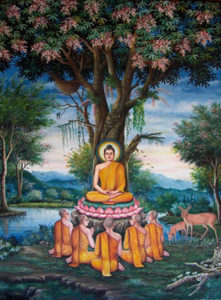 Photo of painting of Gautama Buddha's first sermon at Deer Park taken by Wikipedia user KayEss. Used under Creative Commons Attribution-Share Alike 3.0 Unported license. Source: https://commons.wikimedia.org/wiki/File:Sermon_in_the_Deer_Park_depicted_at_Wat_Chedi_Liem-KayEss-1.jpeg
